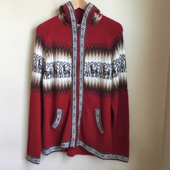 Peruvian Alpaca Red Wool Zipper Hooded Cardigan - Picture 2 of 10